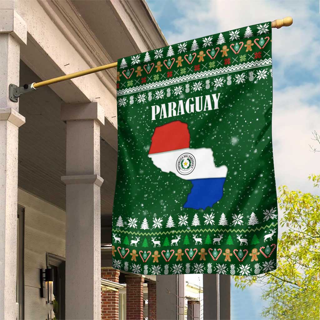 Paraguay Christmas Garden Flag with Green Festive Pattern, Map and Flag Motif, and Santa Illustration - Wonder Print Shop
