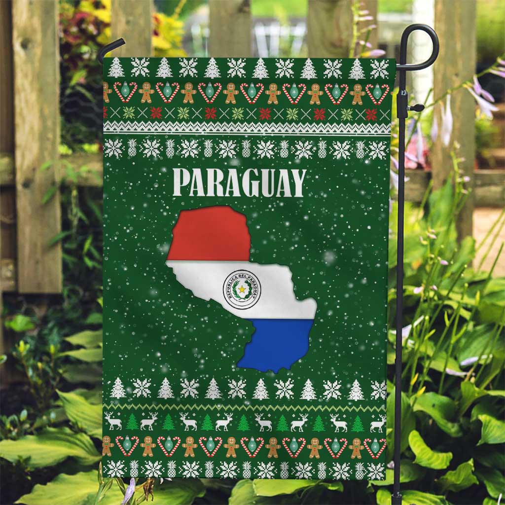 Paraguay Christmas Garden Flag with Green Festive Pattern, Map and Flag Motif, and Santa Illustration - Wonder Print Shop