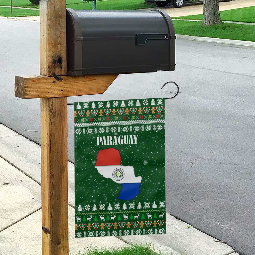 Paraguay Christmas Garden Flag with Green Festive Pattern, Map and Flag Motif, and Santa Illustration - Wonder Print Shop
