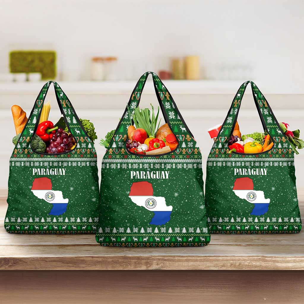 Paraguay Christmas Grocery Bag with Green Festive Pattern, Map and Flag Motif, and Santa Illustration - Wonder Print Shop