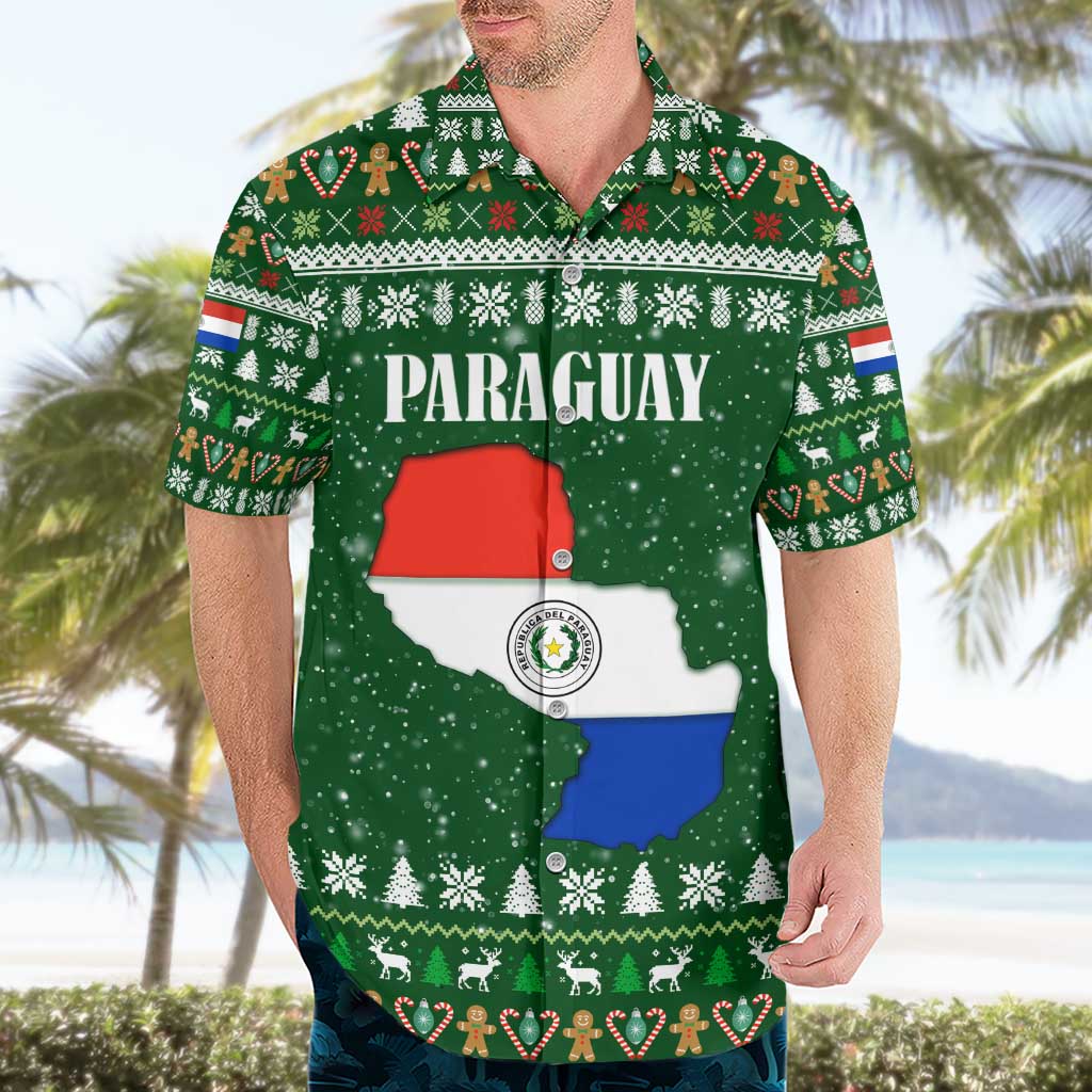 Paraguay Christmas Hawaiian Shirt with Green Festive Pattern, Map and Flag Motif, and Santa Illustration - Wonder Print Shop