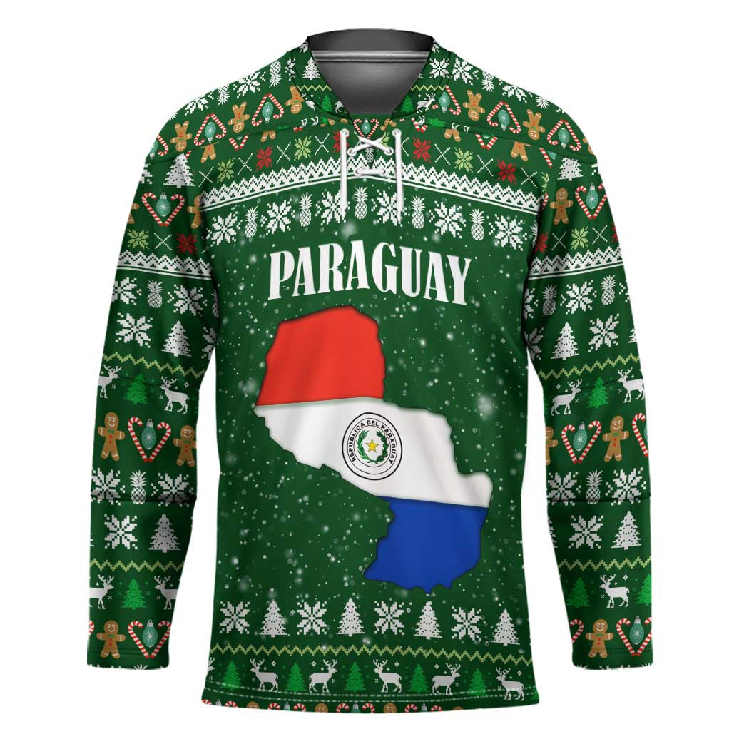 Paraguay Christmas Hockey Jersey with Green Festive Pattern, Map and Flag Motif, and Santa Illustration - Wonder Print Shop