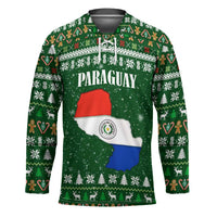 Paraguay Christmas Hockey Jersey with Green Festive Pattern, Map and Flag Motif, and Santa Illustration - Wonder Print Shop