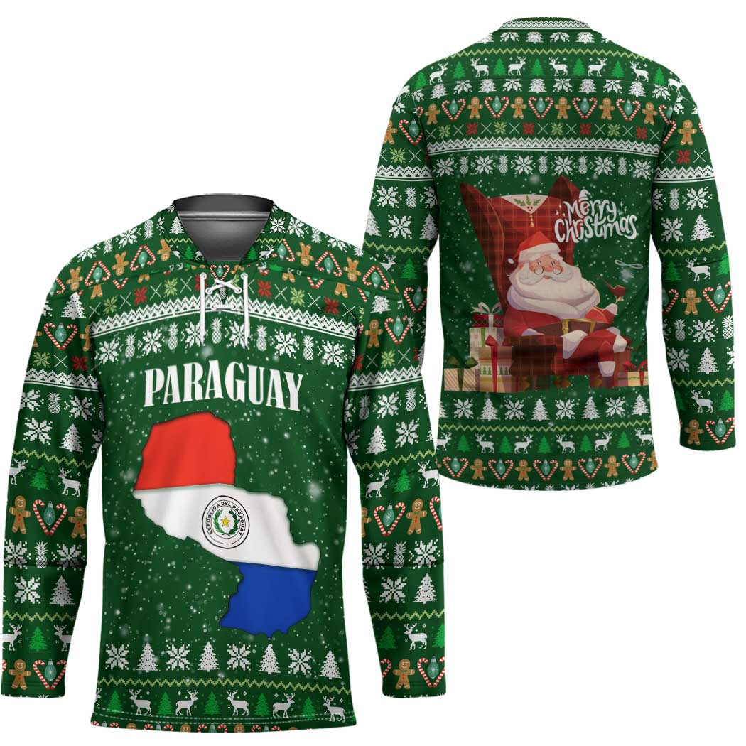 Paraguay Christmas Hockey Jersey with Green Festive Pattern, Map and Flag Motif, and Santa Illustration - Wonder Print Shop