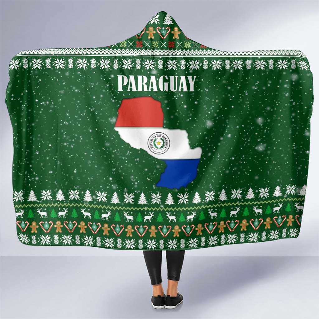 Paraguay Christmas Hooded Blanket with Green Festive Pattern, Map and Flag Motif, and Santa Illustration - Wonder Print Shop