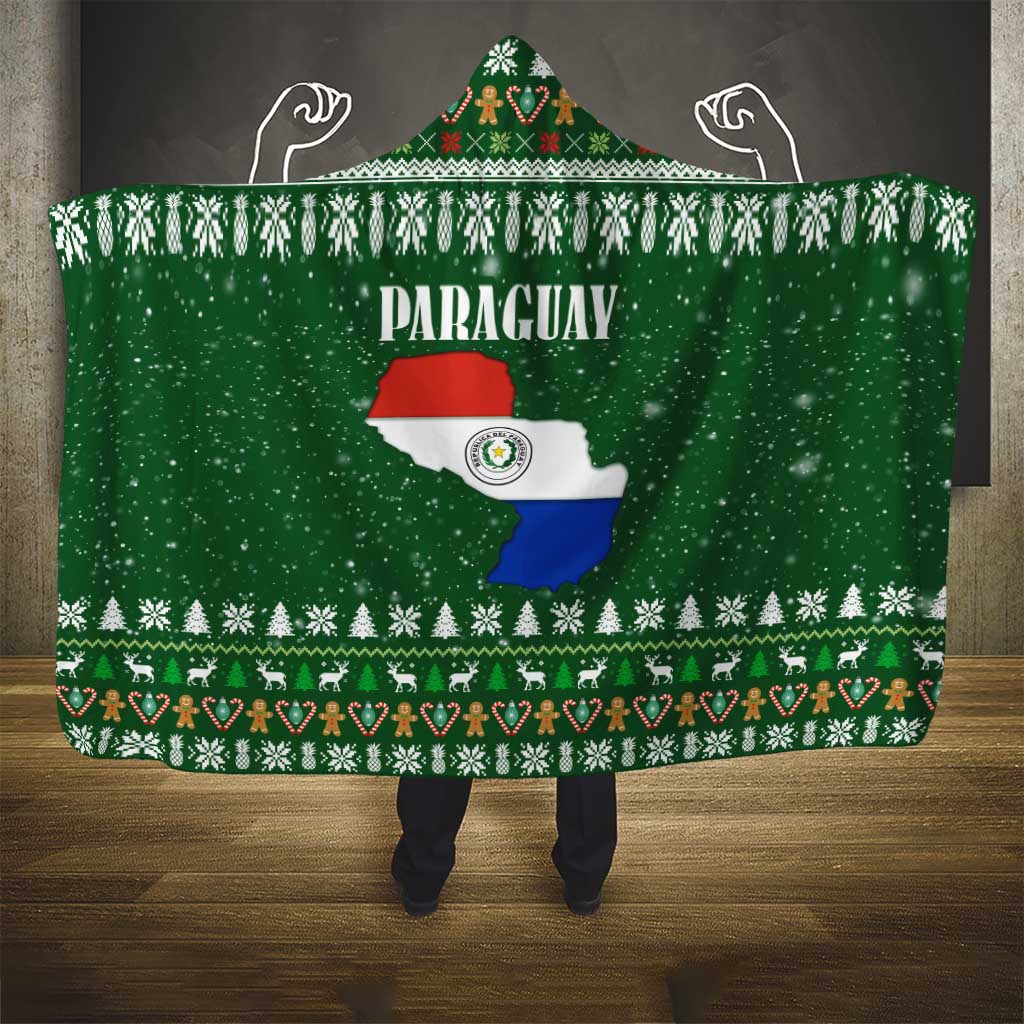Paraguay Christmas Hooded Blanket with Green Festive Pattern, Map and Flag Motif, and Santa Illustration - Wonder Print Shop