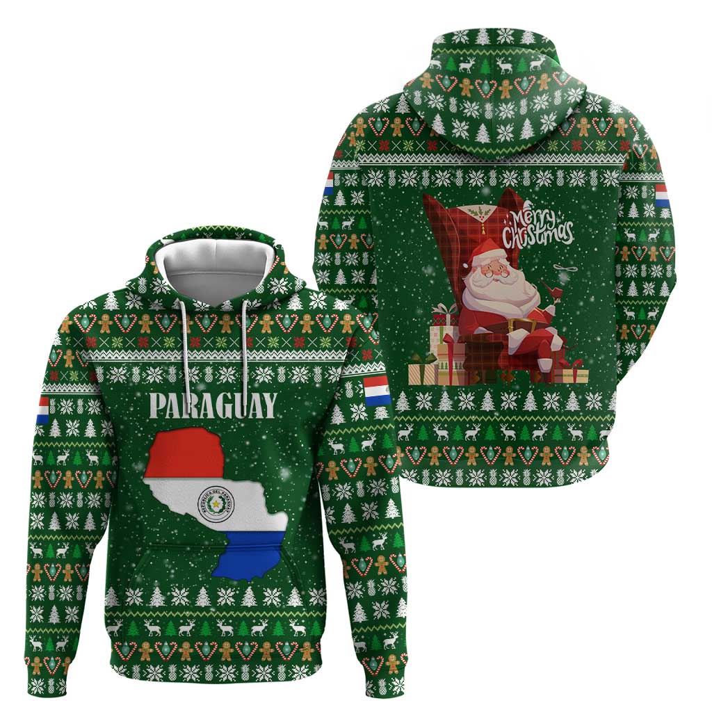 Paraguay Christmas Hoodie with Green Festive Pattern, Map and Flag Motif, and Santa Illustration - Wonder Print Shop