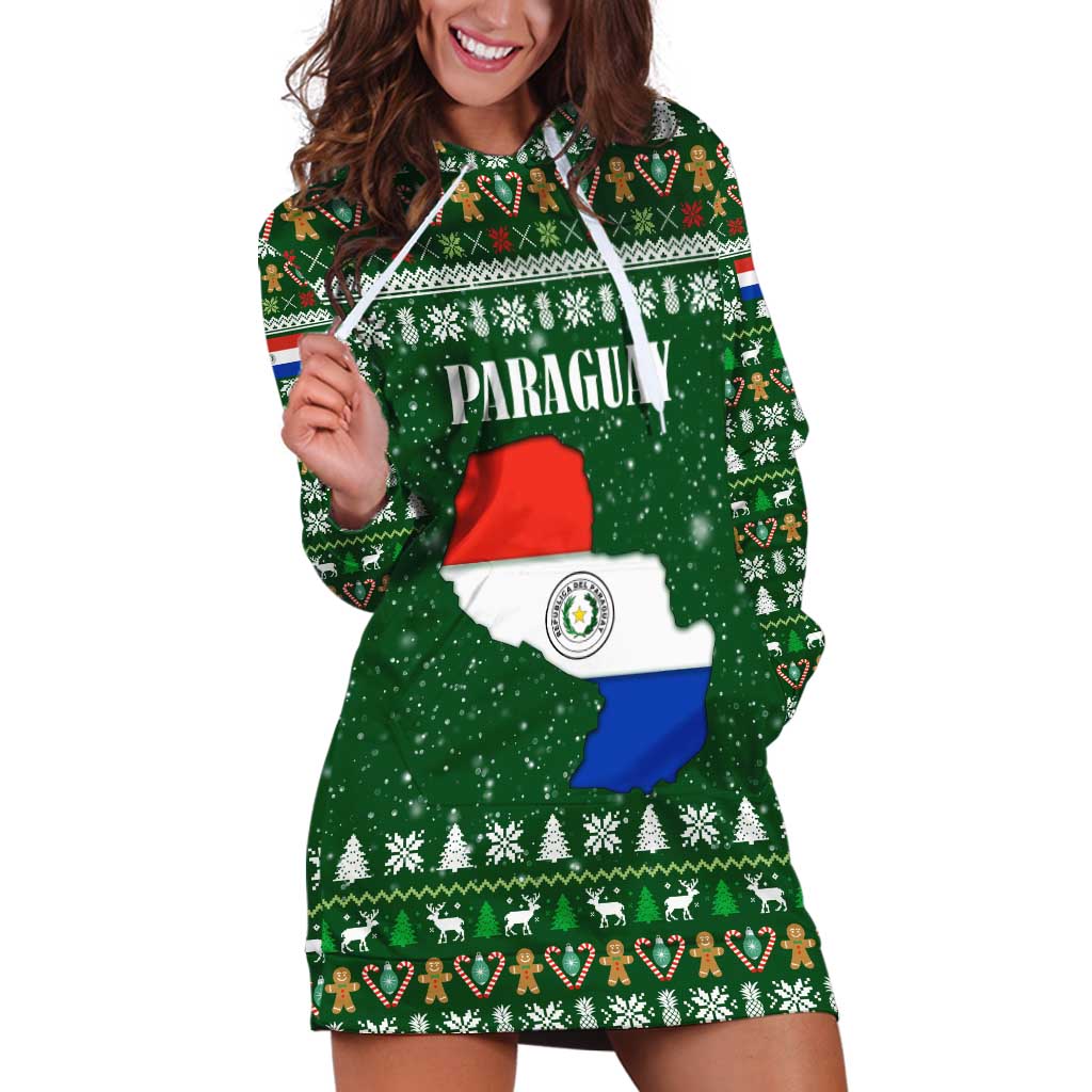Paraguay Christmas Hoodie Dress with Green Festive Pattern, Map and Flag Motif, and Santa Illustration - Wonder Print Shop