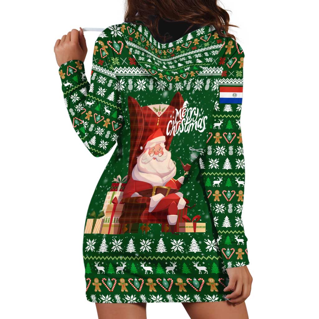 Paraguay Christmas Hoodie Dress with Green Festive Pattern, Map and Flag Motif, and Santa Illustration - Wonder Print Shop