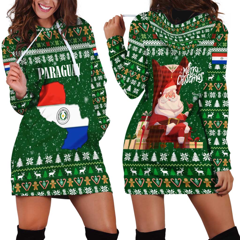 Paraguay Christmas Hoodie Dress with Green Festive Pattern, Map and Flag Motif, and Santa Illustration - Wonder Print Shop