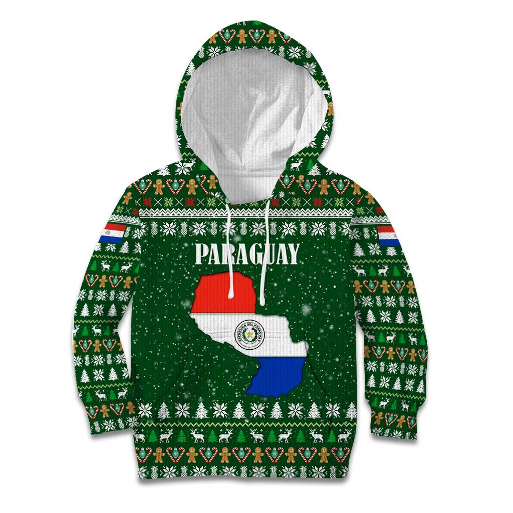 Paraguay Christmas Kid Hoodie with Green Festive Pattern, Map and Flag Motif, and Santa Illustration - Wonder Print Shop