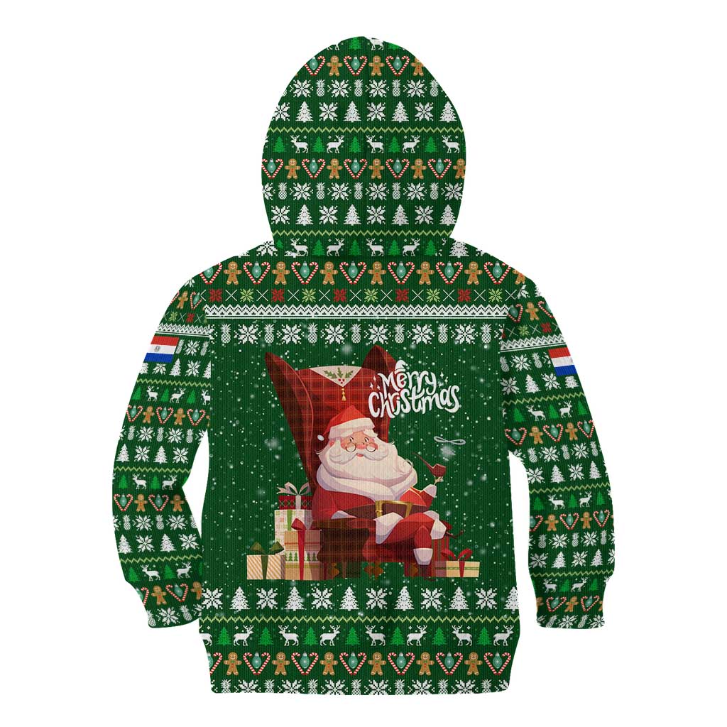 Paraguay Christmas Kid Hoodie with Green Festive Pattern, Map and Flag Motif, and Santa Illustration - Wonder Print Shop