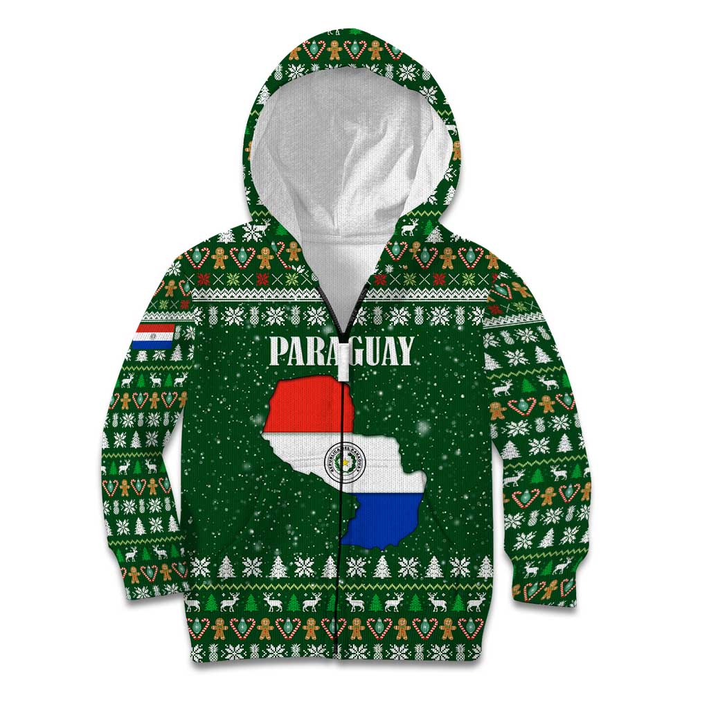 Paraguay Christmas Kid Hoodie with Green Festive Pattern, Map and Flag Motif, and Santa Illustration - Wonder Print Shop
