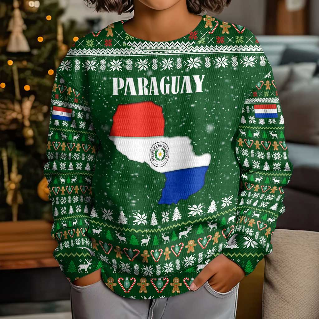 Paraguay Christmas Kid Ugly Christmas Sweater with Green Festive Pattern, Map and Flag Motif, and Santa Illustration - Wonder Print Shop