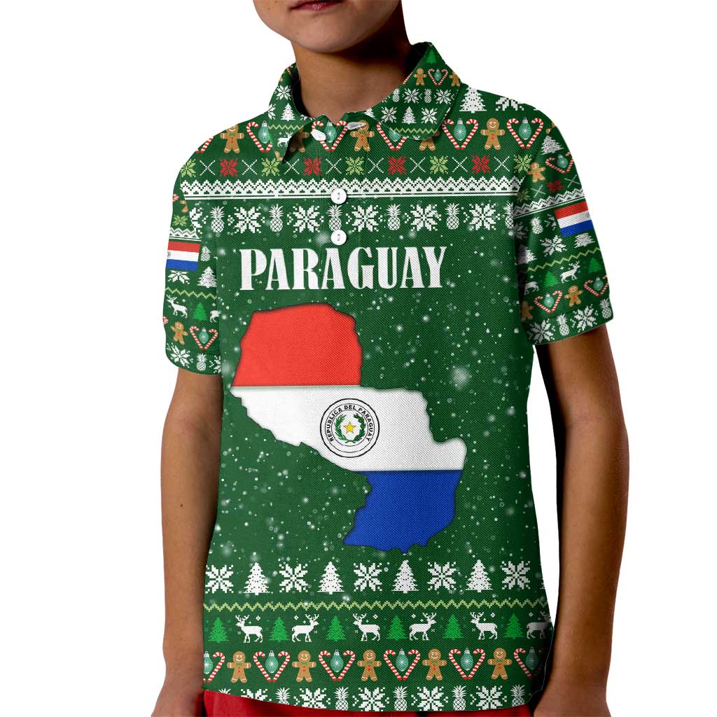 Paraguay Christmas Kid Polo Shirt with Green Festive Pattern, Map and Flag Motif, and Santa Illustration - Wonder Print Shop