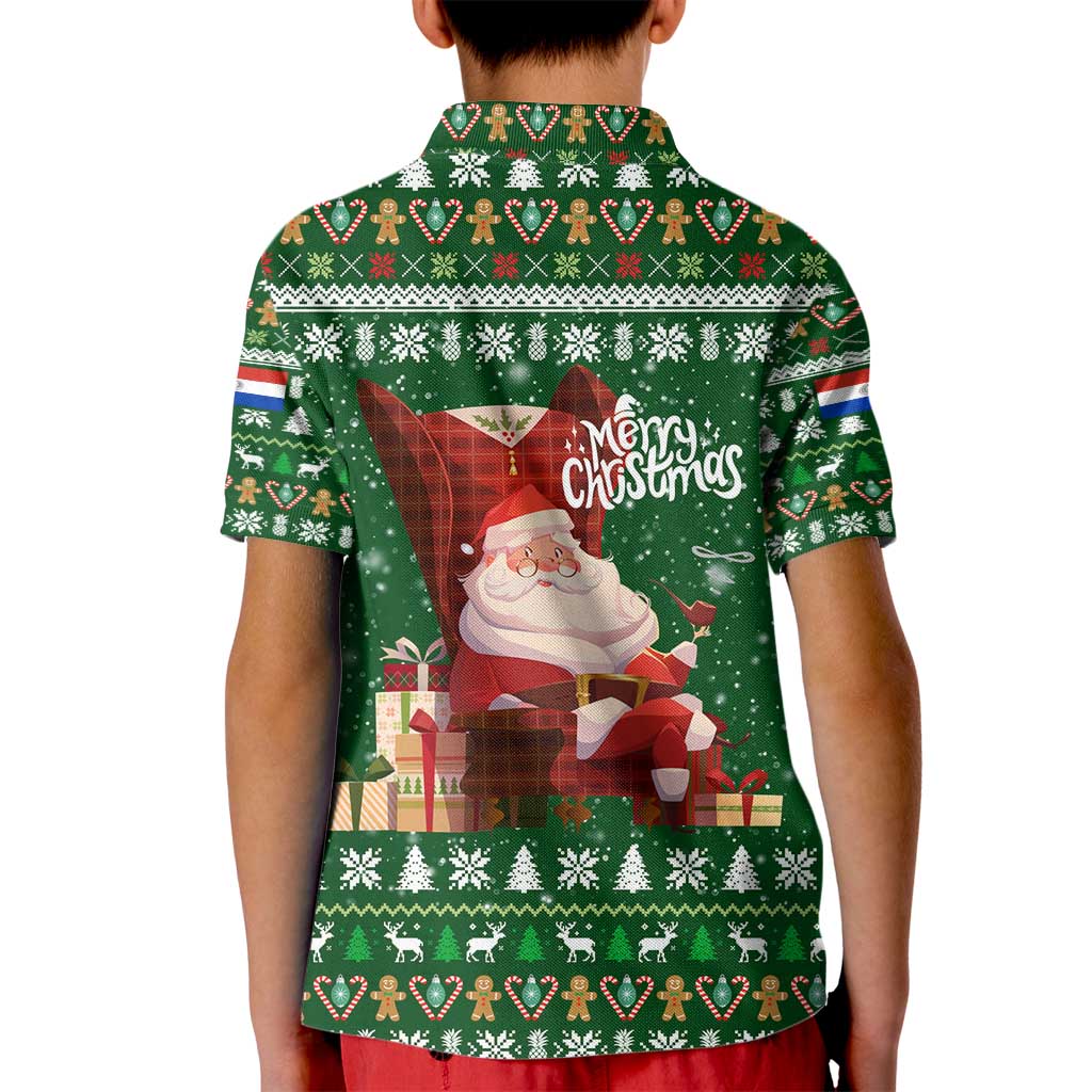 Paraguay Christmas Kid Polo Shirt with Green Festive Pattern, Map and Flag Motif, and Santa Illustration - Wonder Print Shop