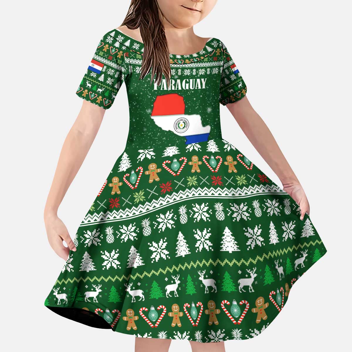 Paraguay Christmas Kid Short Sleeve Dress with Green Festive Pattern, Map and Flag Motif, and Santa Illustration - Wonder Print Shop