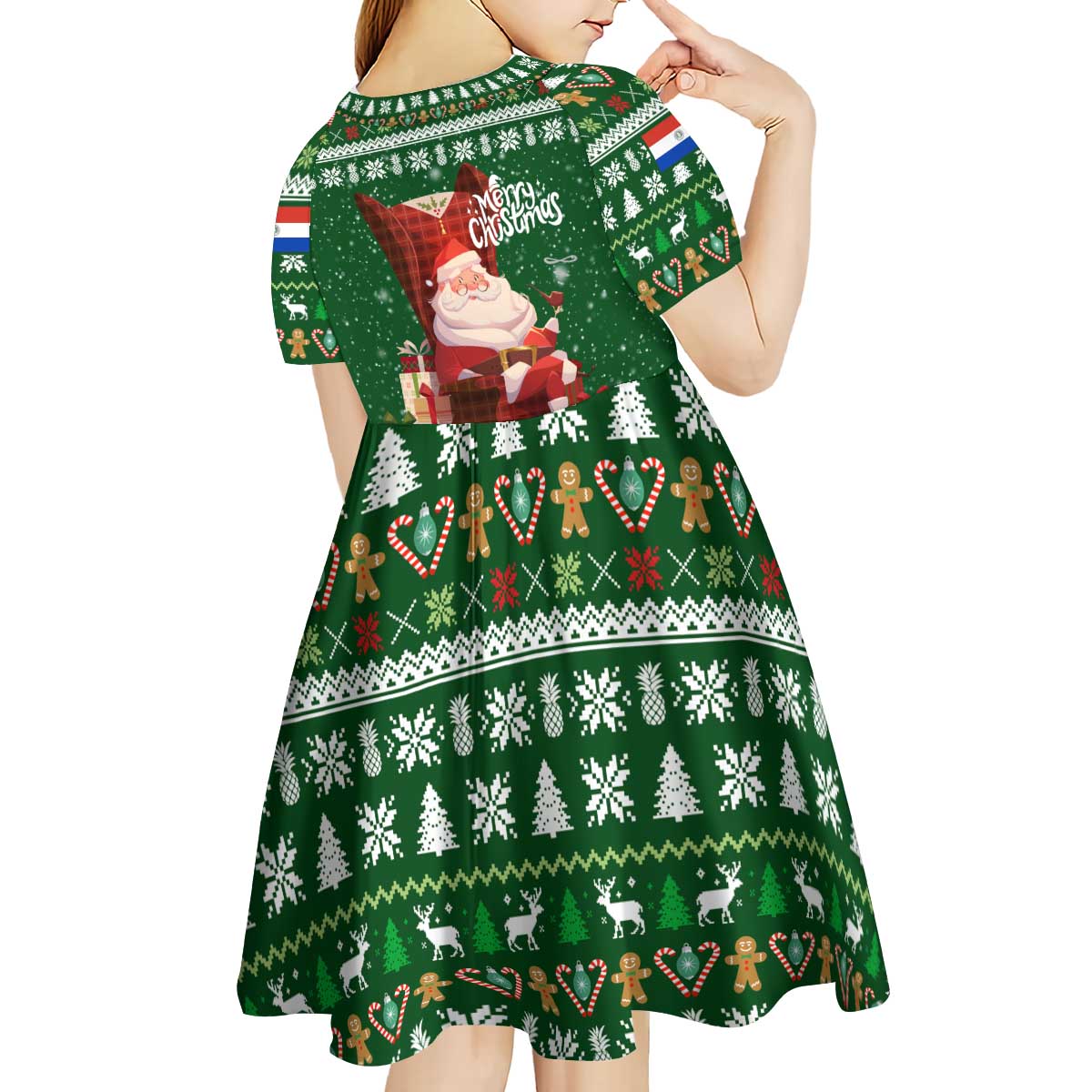 Paraguay Christmas Kid Short Sleeve Dress with Green Festive Pattern, Map and Flag Motif, and Santa Illustration - Wonder Print Shop
