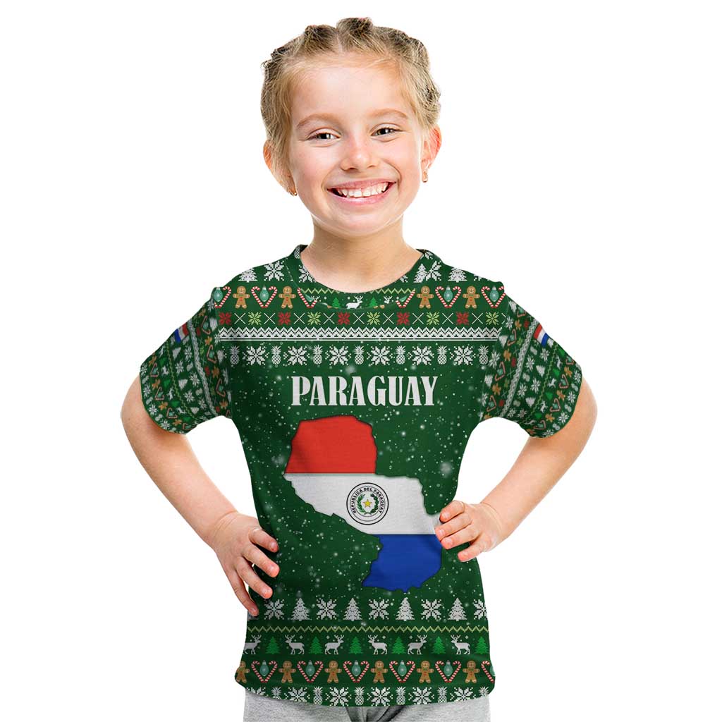 Paraguay Christmas Kid T Shirt with Green Festive Pattern, Map and Flag Motif, and Santa Illustration - Wonder Print Shop