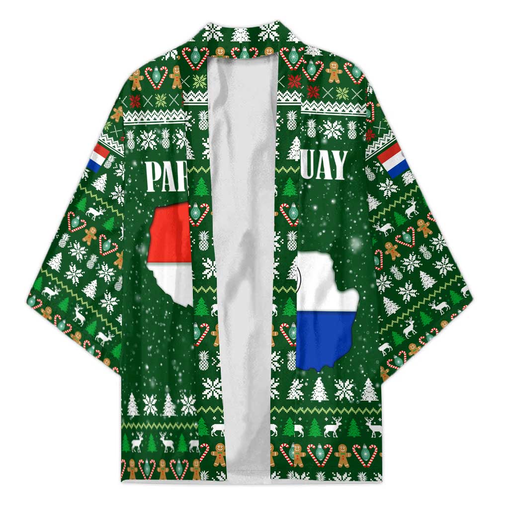Paraguay Christmas Kimono with Green Festive Pattern, Map and Flag Motif, and Santa Illustration - Wonder Print Shop