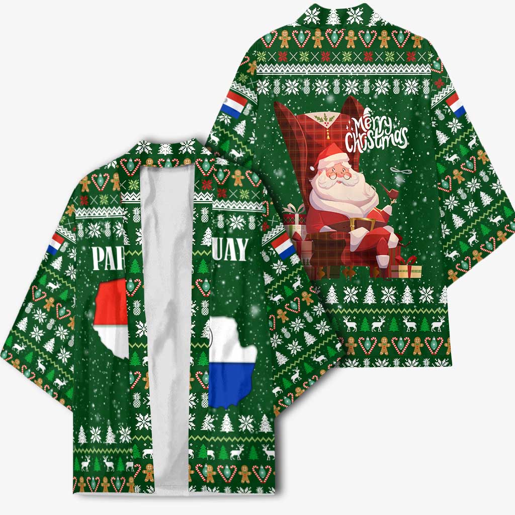 Paraguay Christmas Kimono with Green Festive Pattern, Map and Flag Motif, and Santa Illustration - Wonder Print Shop