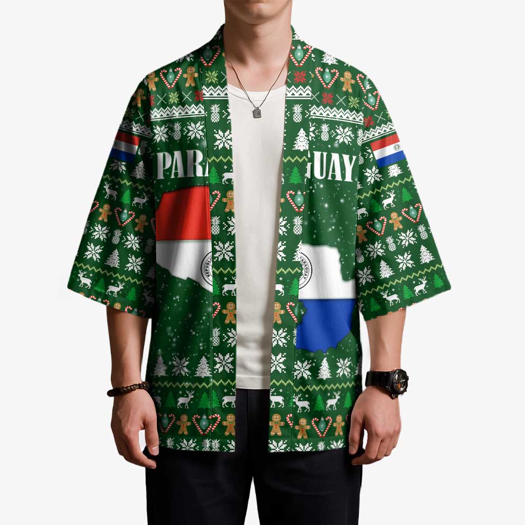 Paraguay Christmas Kimono with Green Festive Pattern, Map and Flag Motif, and Santa Illustration - Wonder Print Shop