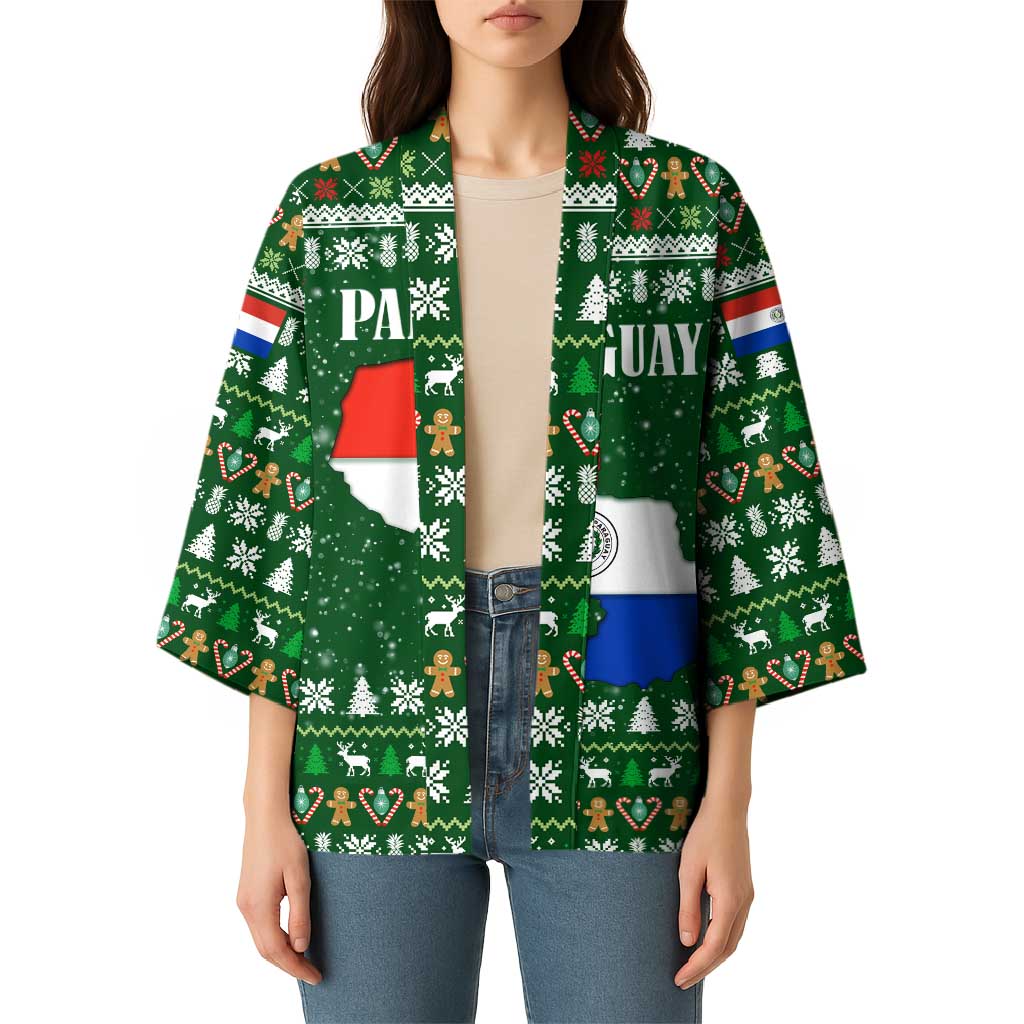 Paraguay Christmas Kimono with Green Festive Pattern, Map and Flag Motif, and Santa Illustration - Wonder Print Shop