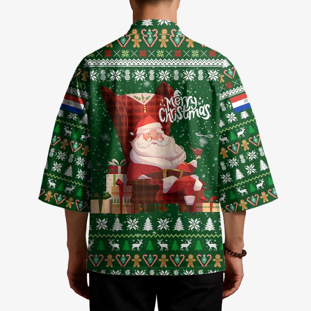 Paraguay Christmas Kimono with Green Festive Pattern, Map and Flag Motif, and Santa Illustration - Wonder Print Shop