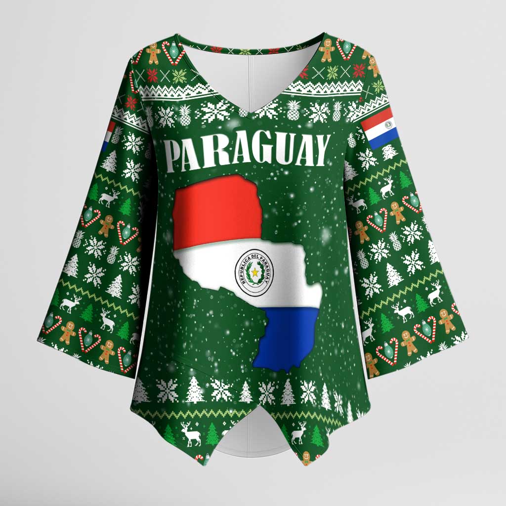 Paraguay Christmas Kimono Sleeve Blouse with Green Festive Pattern, Map and Flag Motif, and Santa Illustration - Wonder Print Shop
