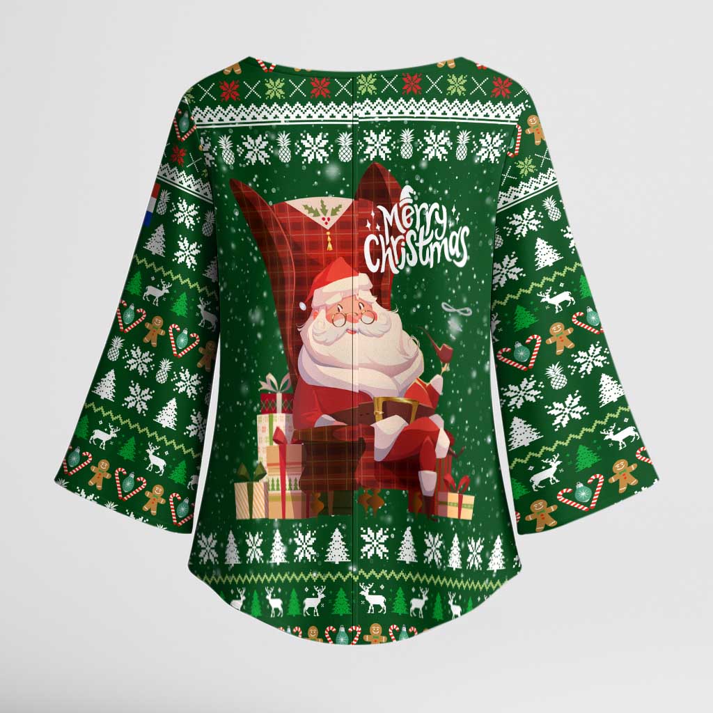 Paraguay Christmas Kimono Sleeve Blouse with Green Festive Pattern, Map and Flag Motif, and Santa Illustration - Wonder Print Shop