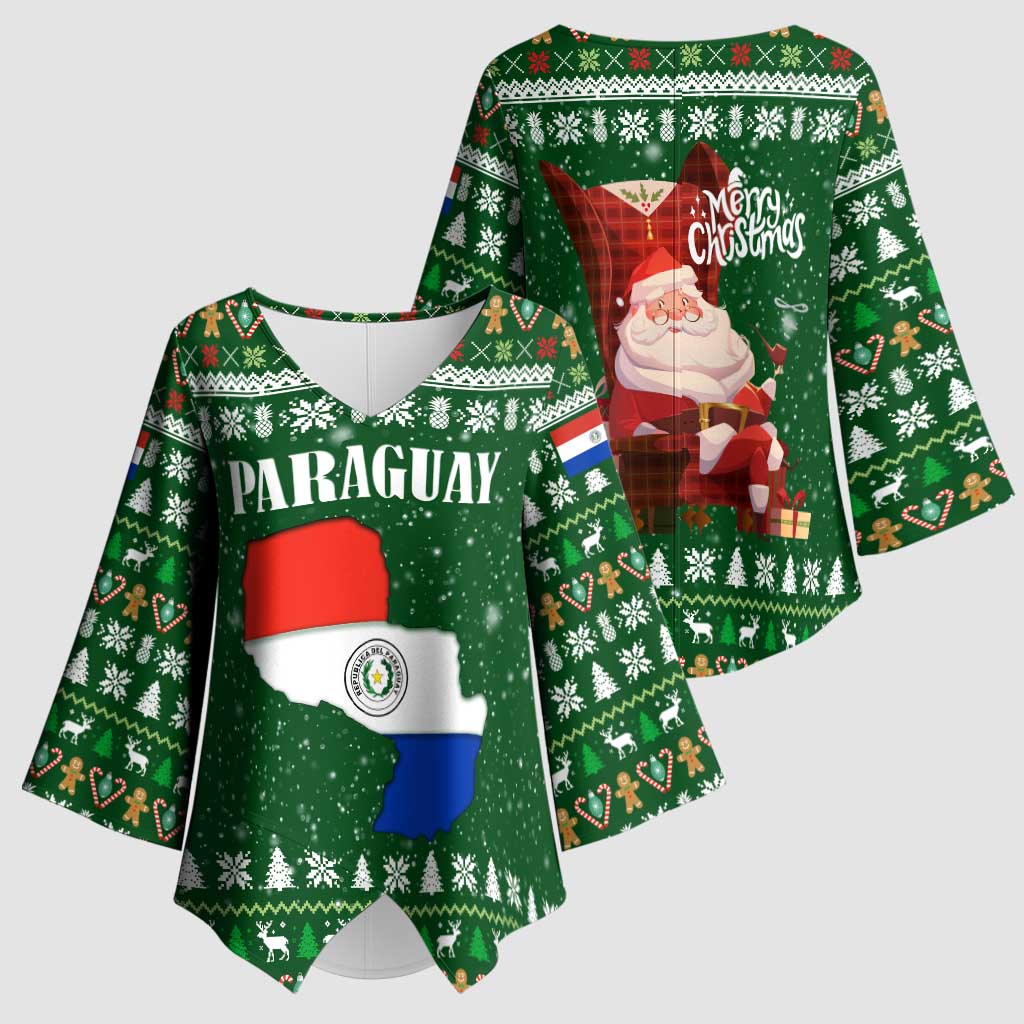 Paraguay Christmas Kimono Sleeve Blouse with Green Festive Pattern, Map and Flag Motif, and Santa Illustration - Wonder Print Shop
