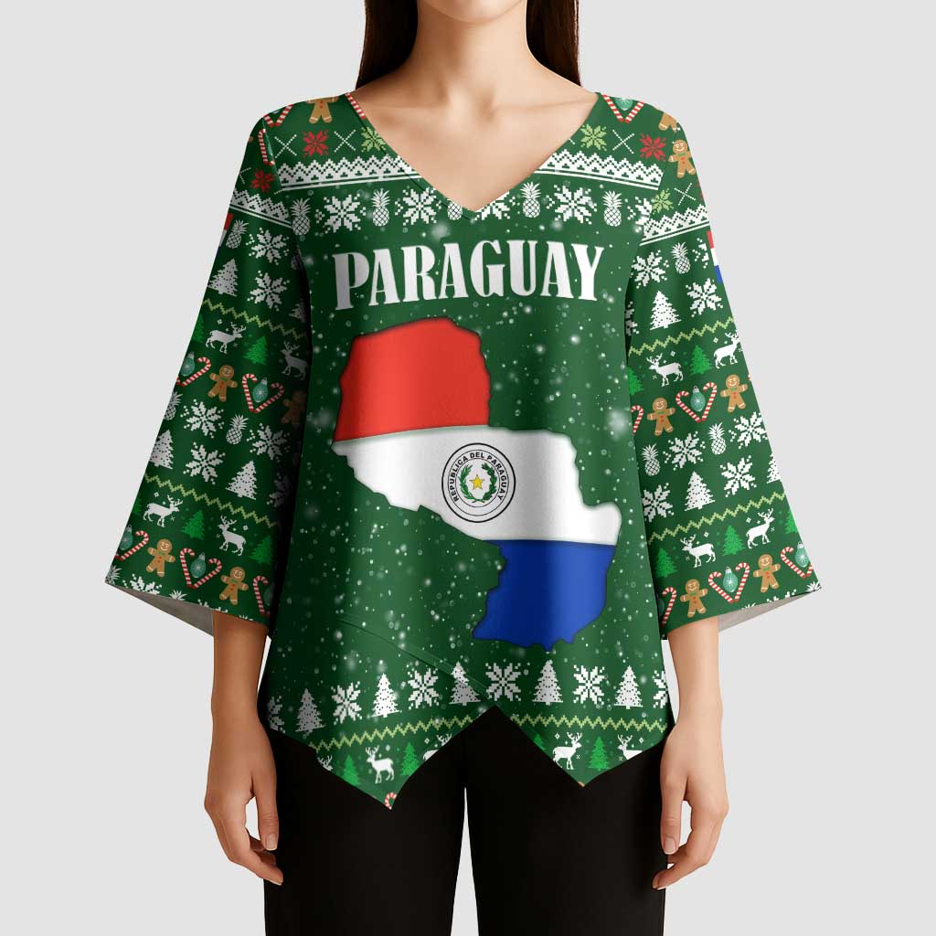 Paraguay Christmas Kimono Sleeve Blouse with Green Festive Pattern, Map and Flag Motif, and Santa Illustration - Wonder Print Shop
