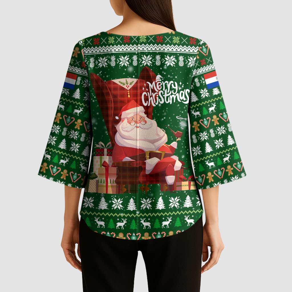 Paraguay Christmas Kimono Sleeve Blouse with Green Festive Pattern, Map and Flag Motif, and Santa Illustration - Wonder Print Shop