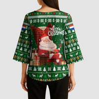 Paraguay Christmas Kimono Sleeve Blouse with Green Festive Pattern, Map and Flag Motif, and Santa Illustration - Wonder Print Shop