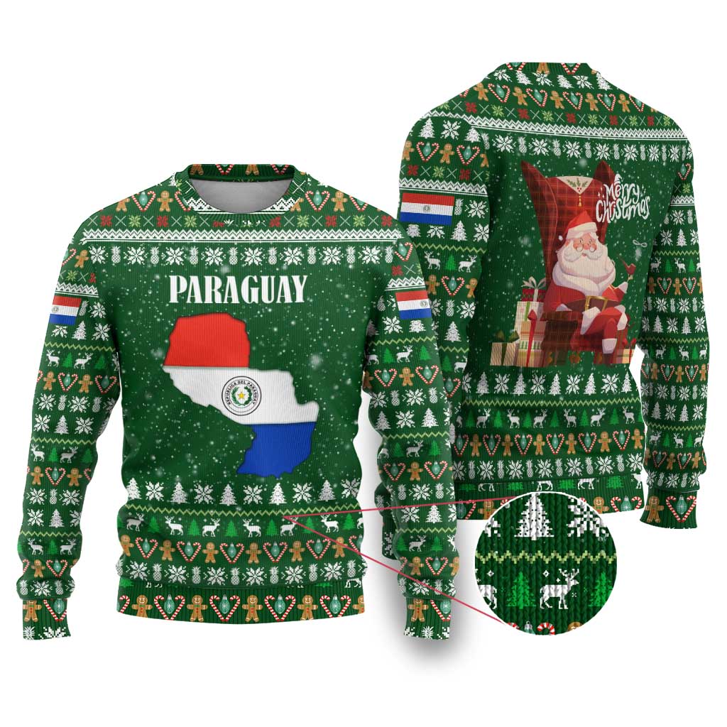 Paraguay Christmas Ugly Christmas Sweater with Green Festive Pattern, Map and Flag Motif, and Santa Illustration - Wonder Print Shop