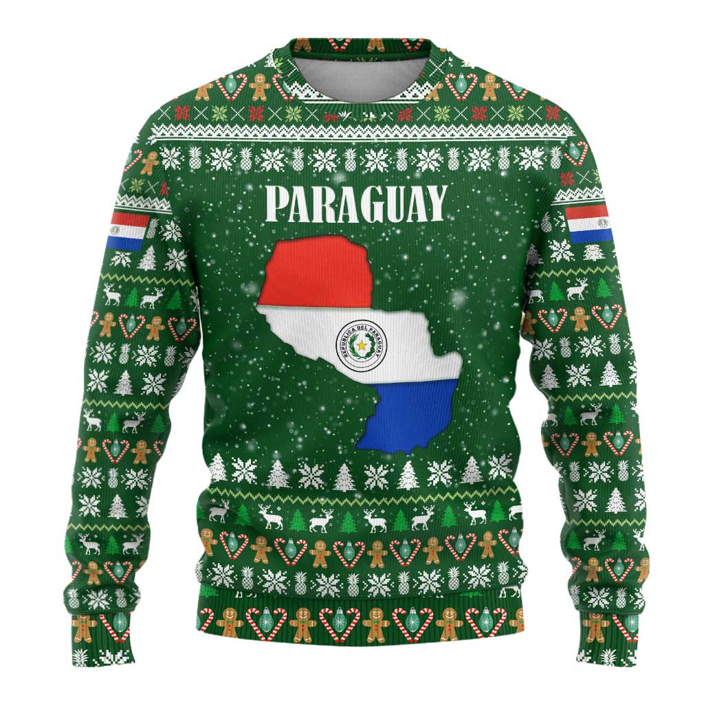 Paraguay Christmas Ugly Christmas Sweater with Green Festive Pattern, Map and Flag Motif, and Santa Illustration - Wonder Print Shop