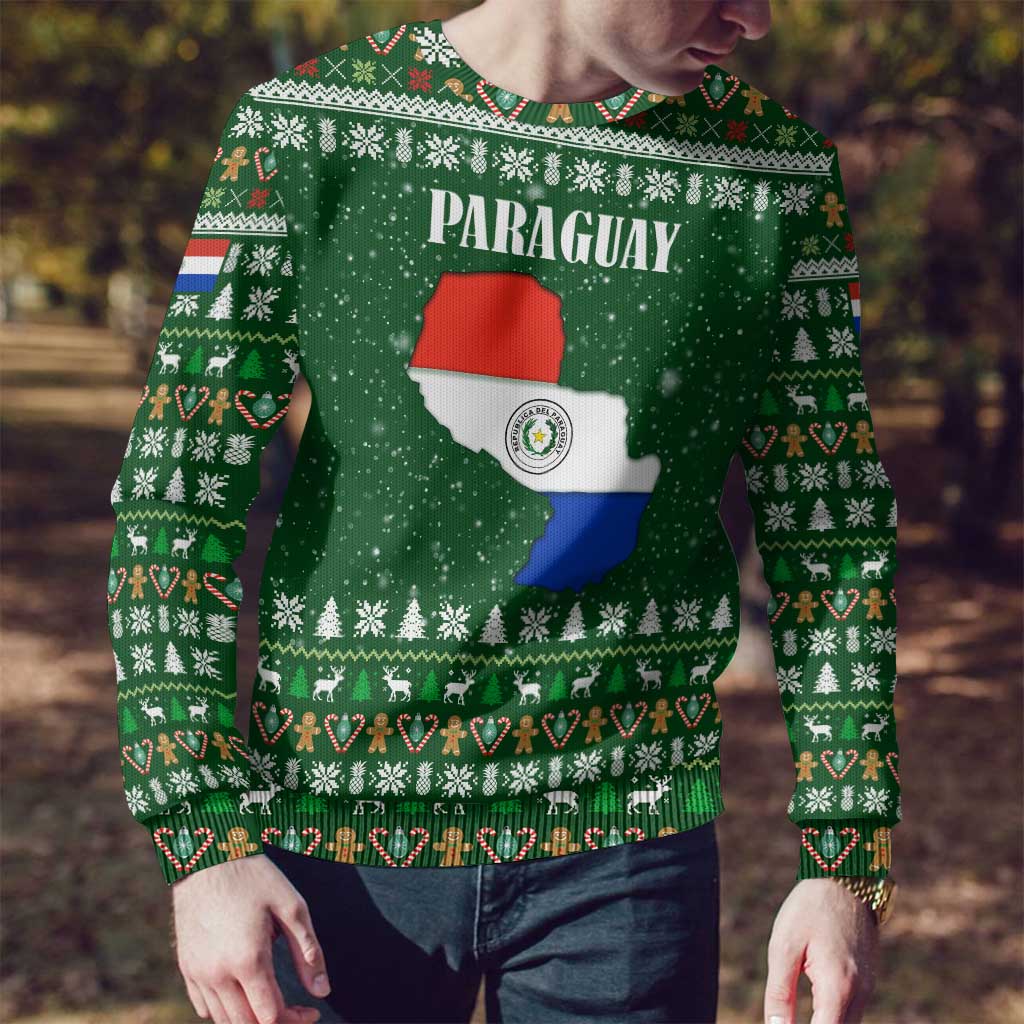 Paraguay Christmas Ugly Christmas Sweater with Green Festive Pattern, Map and Flag Motif, and Santa Illustration - Wonder Print Shop