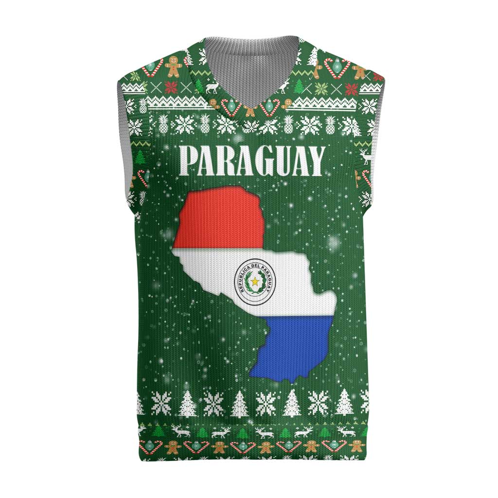 Paraguay Christmas Knitted V-Neck Vest with Green Festive Pattern, Map and Flag Motif, and Santa Illustration - Wonder Print Shop