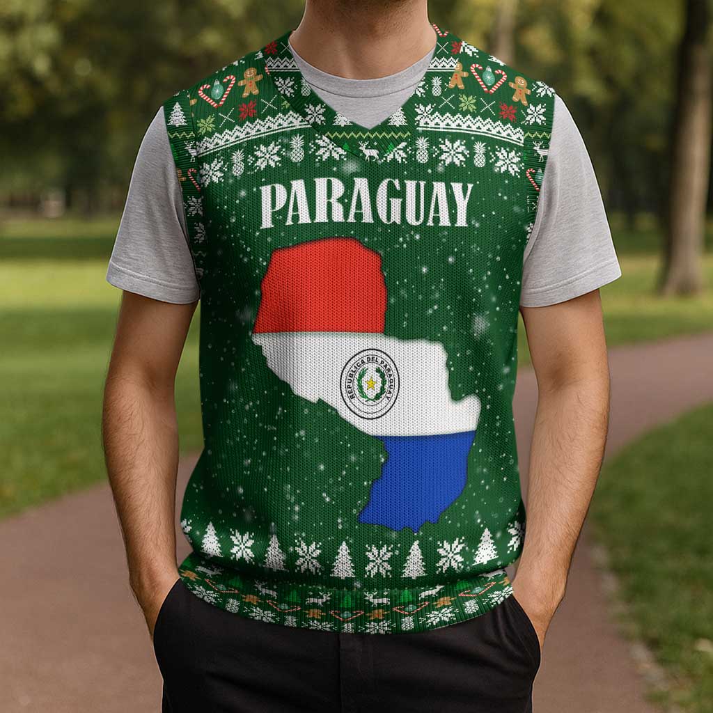 Paraguay Christmas Knitted V-Neck Vest with Green Festive Pattern, Map and Flag Motif, and Santa Illustration - Wonder Print Shop