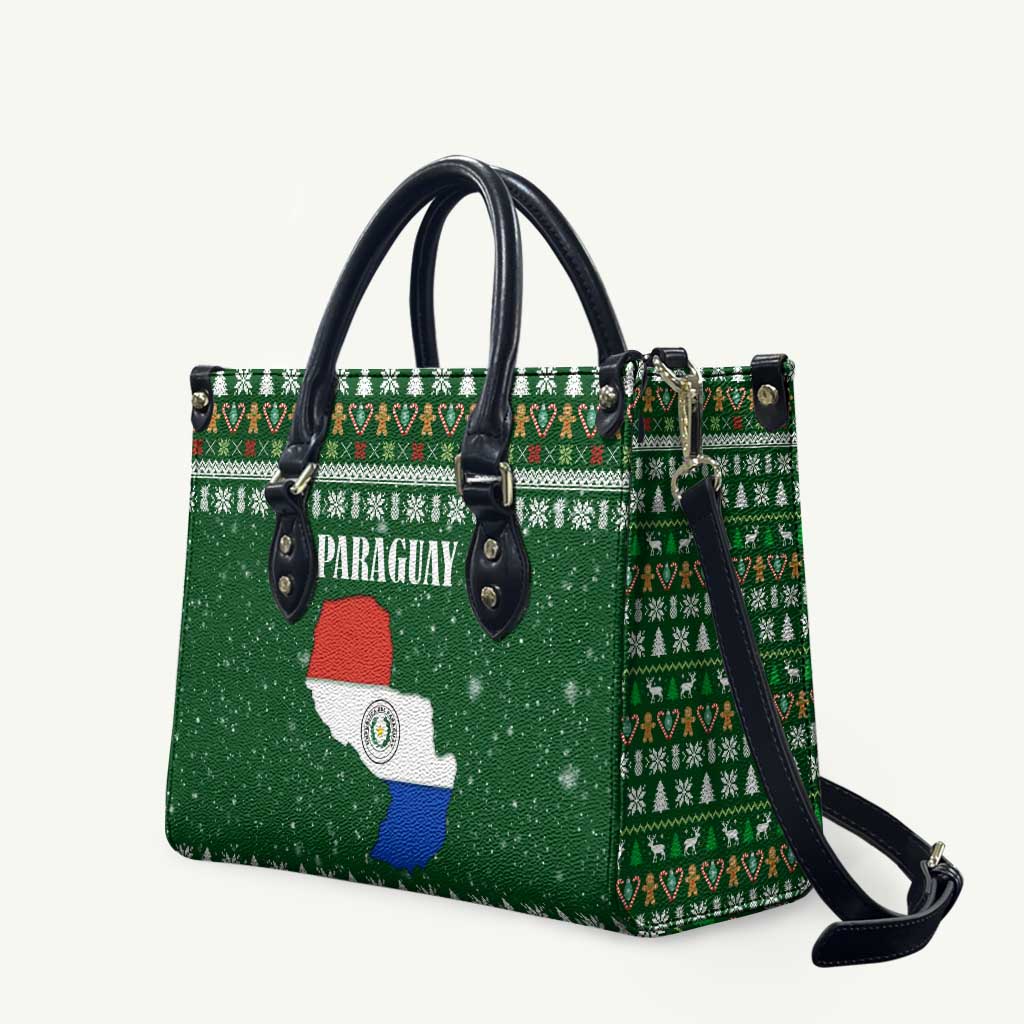 Paraguay Christmas Leather Bag with Green Festive Pattern, Map and Flag Motif, and Santa Illustration - Wonder Print Shop