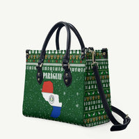 Paraguay Christmas Leather Bag with Green Festive Pattern, Map and Flag Motif, and Santa Illustration - Wonder Print Shop