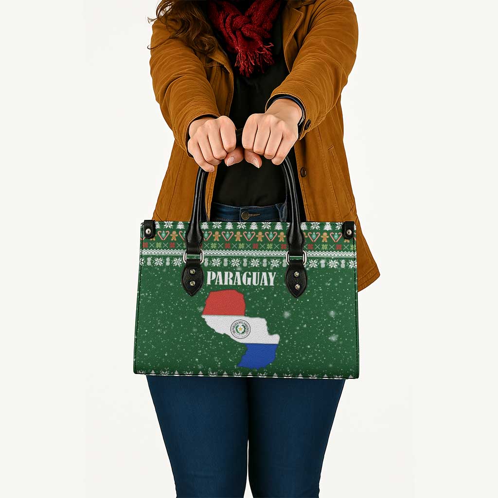 Paraguay Christmas Leather Bag with Green Festive Pattern, Map and Flag Motif, and Santa Illustration - Wonder Print Shop