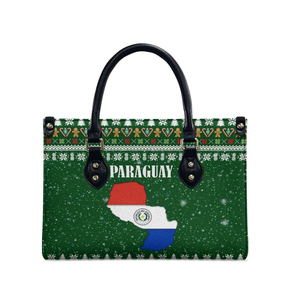 Paraguay Christmas Leather Bag with Green Festive Pattern, Map and Flag Motif, and Santa Illustration - Wonder Print Shop