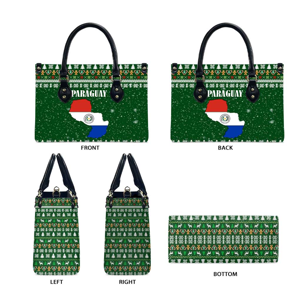 Paraguay Christmas Leather Bag with Green Festive Pattern, Map and Flag Motif, and Santa Illustration - Wonder Print Shop