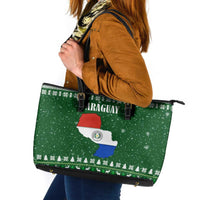 Paraguay Christmas Leather Tote Bag with Green Festive Pattern, Map and Flag Motif, and Santa Illustration - Wonder Print Shop