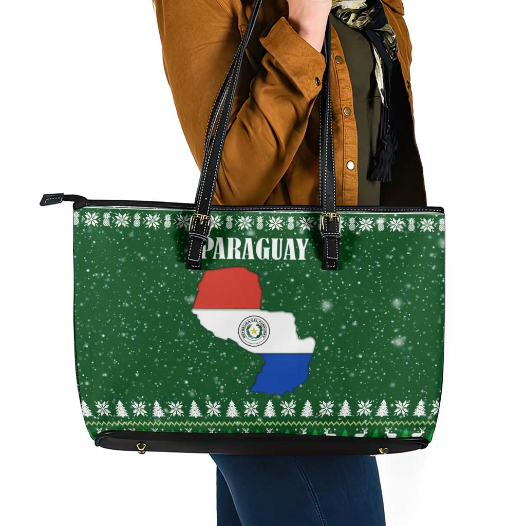 Paraguay Christmas Leather Tote Bag with Green Festive Pattern, Map and Flag Motif, and Santa Illustration - Wonder Print Shop