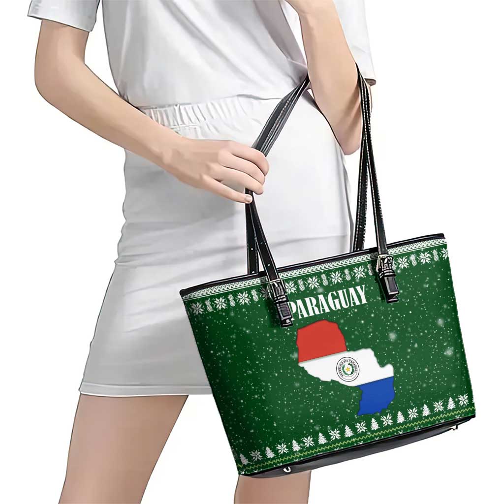 Paraguay Christmas Leather Tote Bag with Green Festive Pattern, Map and Flag Motif, and Santa Illustration - Wonder Print Shop