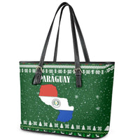 Paraguay Christmas Leather Tote Bag with Green Festive Pattern, Map and Flag Motif, and Santa Illustration - Wonder Print Shop
