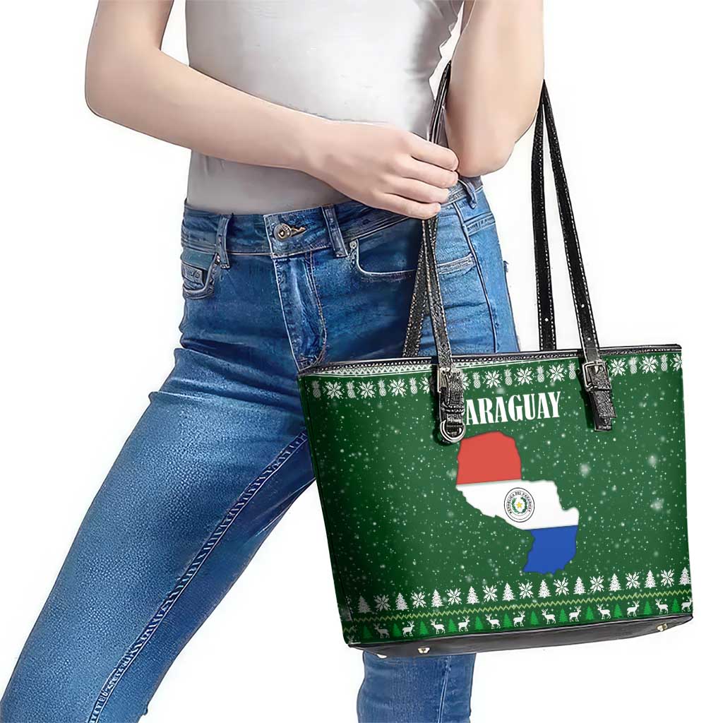 Paraguay Christmas Leather Tote Bag with Green Festive Pattern, Map and Flag Motif, and Santa Illustration - Wonder Print Shop