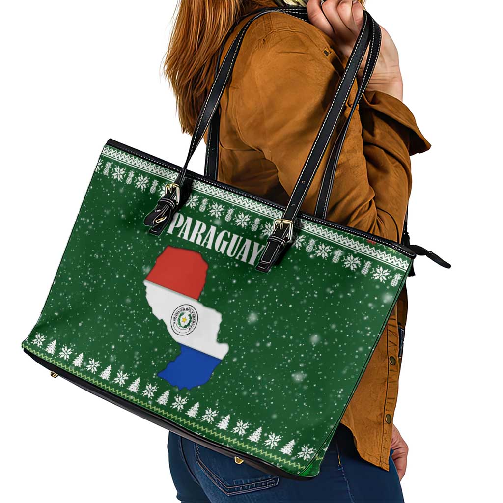 Paraguay Christmas Leather Tote Bag with Green Festive Pattern, Map and Flag Motif, and Santa Illustration - Wonder Print Shop
